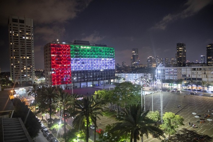Tel Aviv City Hall is lit up with the flags of the United Arab Emirates and Israel as the countries announced they would be establishing full diplomatic ties, in Tel Aviv, Israel, Thursday, Aug. 13, 2020. In a nationally broadcast statement, Prime Minister Benjamin Netanyahu said the 