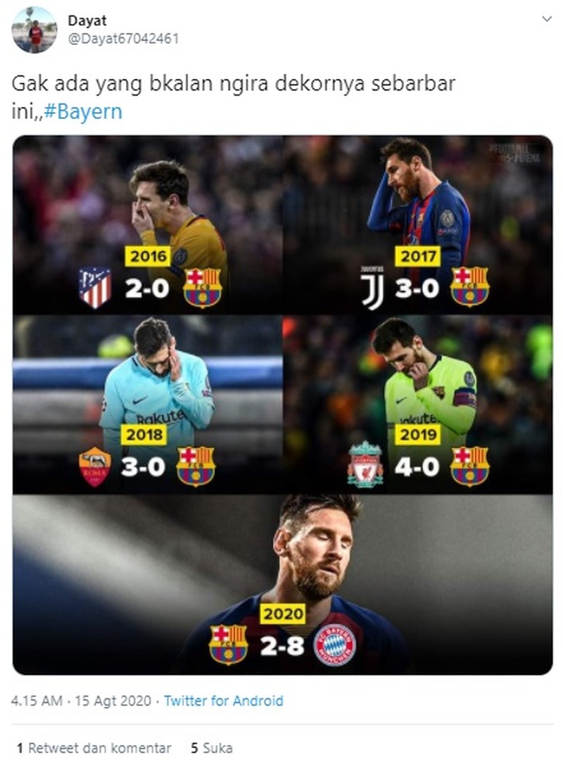 Barcelona harus keluar dengan kepala tertunduk usai babak belur dihajar Bayern Munich dalam laga perempat final Liga Champions tadi malam.