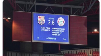 Papan skor seakan jadi saksi sejarah Barcelona dihajar oleh Bayern Munich. Foto: Istimewa