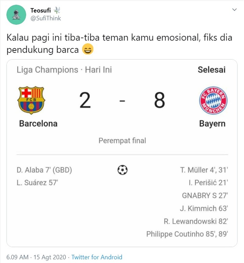 Barcelona harus keluar dengan kepala tertunduk usai babak belur dihajar Bayern Munich dalam laga perempat final Liga Champions tadi malam.