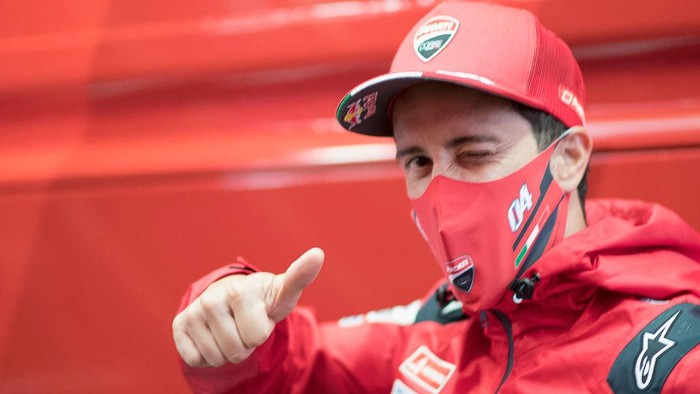 SPIELBERG, AUSTRIA - AUGUST 13: Andrea Dovizioso of Italy and Ducati Team greets in paddock during the MotoGP Of Austria - Previews at Red Bull Ring on August 13, 2020 in Spielberg, Austria. (Photo by Mirco Lazzari gp/Getty Images)