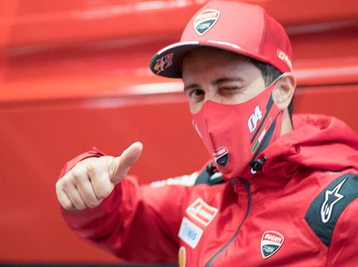 SPIELBERG, AUSTRIA - AUGUST 13: Andrea Dovizioso of Italy and Ducati Team greets in paddock during the MotoGP Of Austria - Previews at Red Bull Ring on August 13, 2020 in Spielberg, Austria. (Photo by Mirco Lazzari gp/Getty Images)