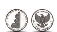 Seri 25 Tahun Kemerdekaan Republik Indonesia. Tahun penerbitan 1970, nominal Rp 250. Bahan logam Perak kadar 1000/1000, berat 10 gram, diameter 30mm. Foto: Dok. Bank Indonesia