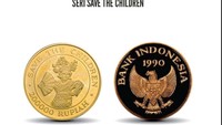 Seri Save The Children. Tahun penerbitan 1990, nominal Rp 200.000. Bahan logam emas kadar 0,917, berat 10 gram, diameter 25mm, teknik cetak proof. Foto: Dok. Bank Indonesia