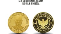 Seri 50 Tahun Kemerdekaan Republik Indonesia. Tahun penerbitan 1995, nominal Rp 850.000. Bahan logam emas kadar 23 karat, berat 50 gram, diameter 35mm, ketebalan 2,78mm, teknik cetak proof. Foto: Dok. Bank Indonesia
