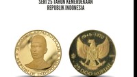 Seri 25 Tahun Kemerdekaan Republik Indonesia. Tahun penerbitan 1970, nominal Rp 25.000. Bahan logam emas kadar 1000/1000, berat 8 gram, diameter 26mm.  Foto: Dok. Bank Indonesia