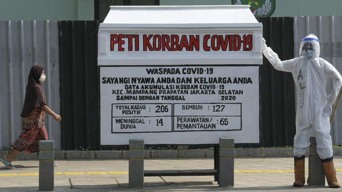 Replika peti mati terlihat di kawasan Kemang, Jakarta. Keberadaan replika peti mati tersebut untuk mengingatkan warga akan bahaya COVID-19.