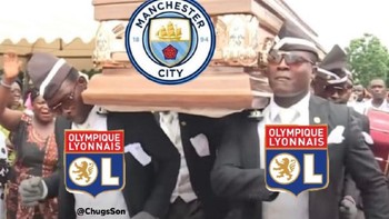 Meme Man City naik ke permukaan, setelah mereka gagal lagi meraih trofi pertama mereka di Liga Champions. Manchester biru kalah 1-3 dari Lyon. Foto: Istimewa