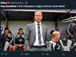 Pep Guardiola tanpa Messi di Liga Champions... jadi selevel Alan Shearer? (Foto: internet/Twitter)
