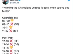 Yang ini menyindir kiprah Pep Guardiola sebagai pelatih Man City, dibandingkan dengan semasa ia menangani Barcelona yang punya Lionel Messi. (Foto: internet/Twitter)