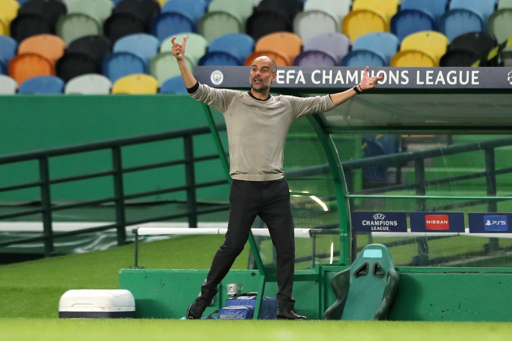 Pep Guardiola LISBON, PORTUGAL - AUGUST 15: Pep Guardiola, Manager of Manchester City reacts during the UEFA Champions League Quarter Final match between Manchester City and Lyon at Estadio Jose Alvalade on August 15, 2020 in Lisbon, Portugal. (Photo by Miguel A. Lopes/Pool via Getty Images)