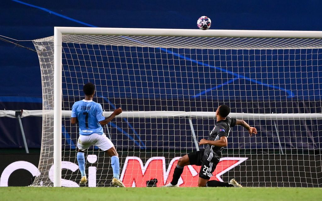 Raheem Sterling LISBON, PORTUGAL - AUGUST 15: Raheem Sterling of Manchester City misses a chance during the UEFA Champions League Quarter Final match between Manchester City and Lyon at Estadio Jose Alvalade on August 15, 2020 in Lisbon, Portugal. (Photo by Franck Fife/Pool via Getty Images)