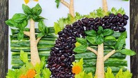 Mengandalkan kacang, basil, wortel dan selada, Hanna mampu membuat gambar sawah lengkap dengan pepohonan rimbun. Foto: instagram @lekmetmade