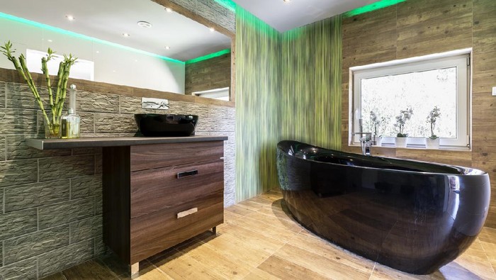 Modern bathroom with wooden walls and window