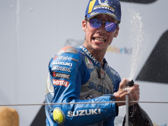 SPIELBERG, AUSTRIA - AUGUST 16: Joan Mir of Spain and Team Suzuki ECSTAR celebrates the second place on the podium at the end of the MotoGP race during the MotoGP Of Austria - Race at Red Bull Ring on August 16, 2020 in Spielberg, Austria. (Photo by Mirco Lazzari gp/Getty Images)