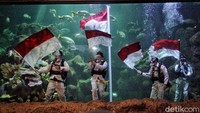 Sejumlah penyelam mengibarkan bendera merah putih di kawasan Sea World, Ancol, Jakarta Utara, Senin (17/8).
