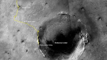 Jalur terakhir yang dilalui oleh rover Opportunity sebelum melakukan kontak terakhir di 10 Juni 2018. Rover ini terjebak badai debu dan tidak lagi berfungsi. Foto: NASA
