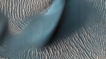 Ini adalah foto yang sudah diubah warnanya untuk memperjelas detailnya, merupakan penampaman dari riak-riak pasir di Mars yang kadang berpindah tempat. Foto: NASA