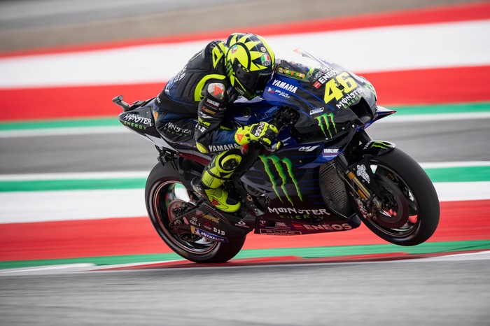SPIELBERG, AUSTRIA - AUGUST 15: Valentino Rossi of Italy and Monster Energy Yamaha MotoGP Team heads down a straight during the MotoGP Of Austria - Qualifying at Red Bull Ring on August 15, 2020 in Spielberg, Austria. (Photo by Mirco Lazzari gp/Getty Images)