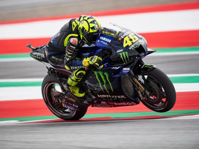 SPIELBERG, AUSTRIA - AUGUST 15: Valentino Rossi of Italy and Monster Energy Yamaha MotoGP Team heads down a straight during the MotoGP Of Austria - Qualifying at Red Bull Ring on August 15, 2020 in Spielberg, Austria. (Photo by Mirco Lazzari gp/Getty Images)