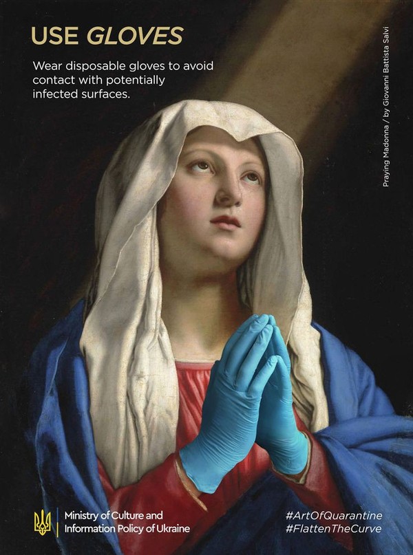Nama lukisan ini adalah Praying Madonna. Lukisan ini diubah dengan menambahkan sarung tangan pada sang wanita. Imbauan yang berkaitan dengan gambar ada di bagian kiri poster. (Kementerian Budaya dan Informasi Ukraina) Nama lukisan ini adalah Praying Madonna. Lukisan ini diubah dengan menambahkan sarung tangan pada sang wanita. Imbauan yang berkaitan dengan gambar ada di bagian kiri poster. (Kementerian Budaya dan Informasi Ukraina)