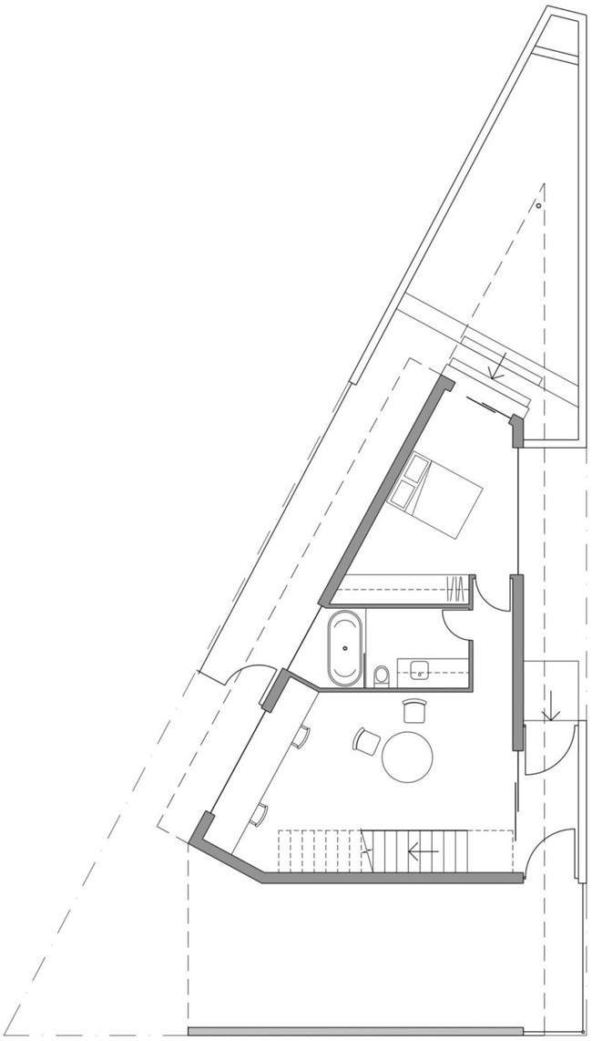 Membangun rumah di tanah 180 meter per segi mungkin bukan sesuatu yang harus dipusingkan. Tapi lain halnya jika lahan tersebut berbentuk segitiga. Foto: Dok. Robeson Architect