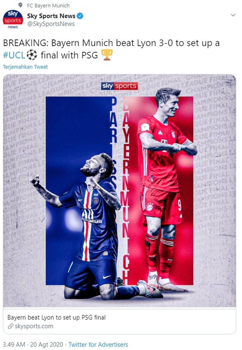 Bayern Munich menunjukkan keperkasannya di kasta tertinggi Eropa. Kali ini giliran Lyon yang dilahap Tim Bavaria setelah membungkam Lyon 3-0 di semifinal, yang nantinya akan bersua dengan PSG di final Liga Champions.