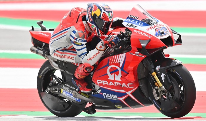 Pramac Racing Australian rider Jack Miller rides his bike during the last training round of the Moto GP Austrian Grand Prix at the Red Bull Ring circuit in Spielberg, Austria on August 15, 2020. (Photo by JOE KLAMAR / AFP)