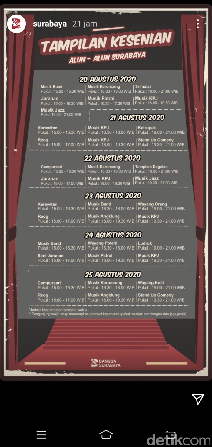 Pemkot Rilis Jadwal Acara Kesenian di Alun-alun Surabaya di tengah pandemi covid-19