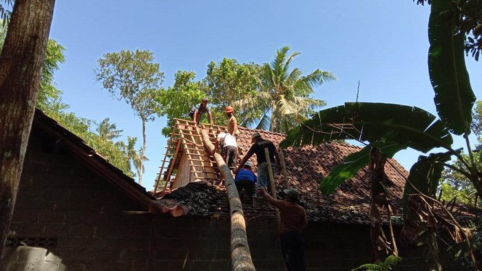 Warga berusaha memindahkan pohon yang tumbang menimpa rumah di Kabupaten Sleman, Jumat (21/8/2020)