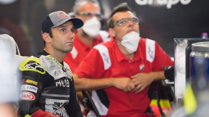 SPIELBERG, AUSTRIA - AUGUST 14: Johann Zarco of France and Reale Avintia Racing looks on in box during the MotoGP Of Austria - Free Practice at Red Bull Ring on August 14, 2020 in Spielberg, Austria. (Photo by Mirco Lazzari gp/Getty Images)