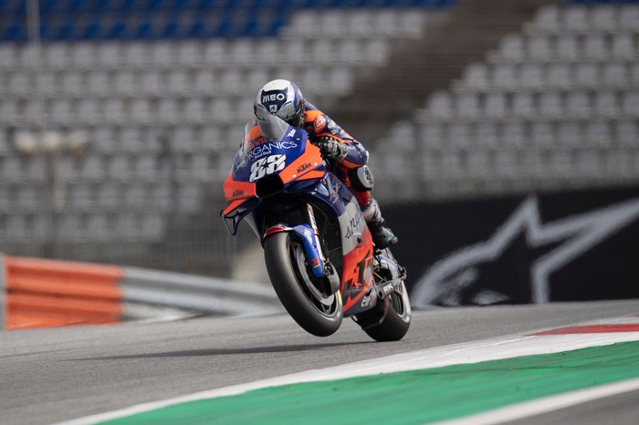 SPIELBERG, AUSTRIA - AUGUST 15: Miguel Oliveira of Portugal and Team KTM Tech 3 heads down a straight during the MotoGP Of Austria - Qualifying at Red Bull Ring on August 15, 2020 in Spielberg, Austria. (Photo by Mirco Lazzari gp/Getty Images)