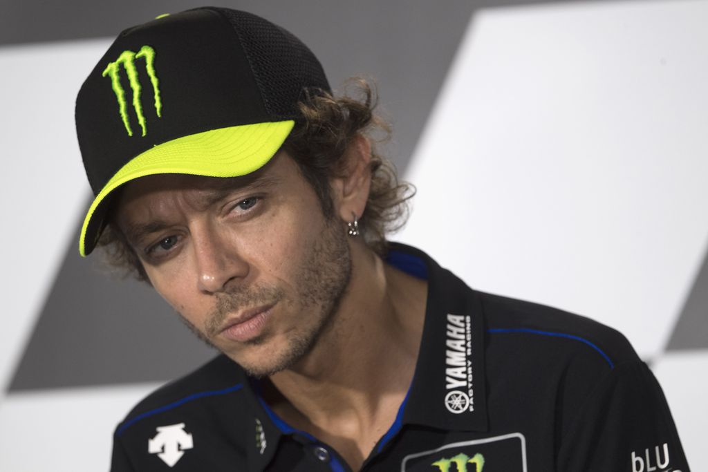 SPIELBERG, AUSTRIA - AUGUST 20: Valentino Rossi of Italy and Monster Energy Yamaha MotoGP Team looks on during the press conference pre event during the MotoGP Of Styria - Previews at Red Bull Ring on August 20, 2020 in Spielberg, Austria. (Photo by Mirco Lazzari gp/Getty Images)