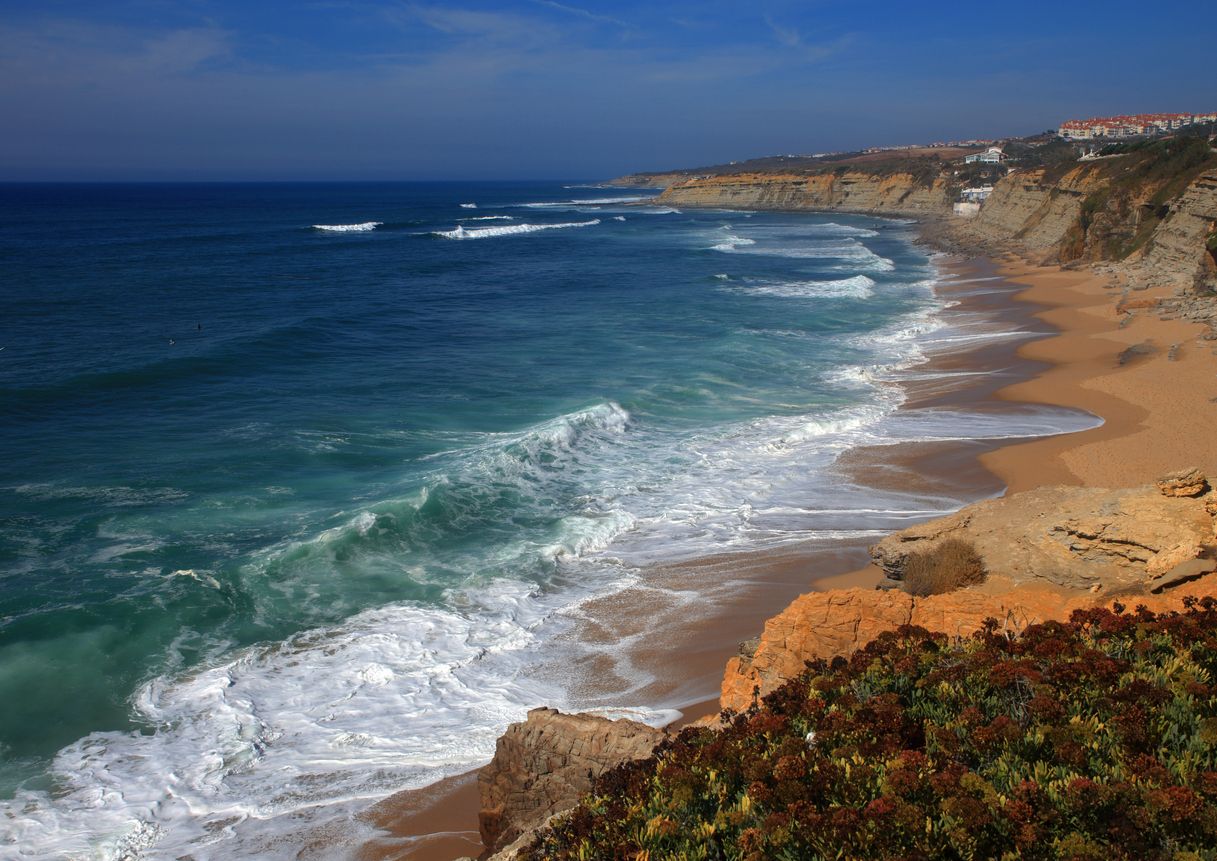 Panoramic clifftop view of Ericeira, the popular surf and beach destination on the West Coast of Portugal near Lisbon.