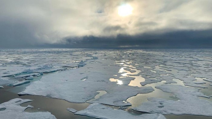 In this handout photo provided by Markus Rex, head of the MOSAiC expedition, a view of the North Pole from RV Polarstern, Wednesday, Aug. 19, 2020. A German icebreaker carrying scientists on a year-long international expedition in the high Arctic has reached the North Pole, after making an unplanned detour because of lighter-than-usual sea ice conditions. Expedition leader Markus Rex said Wednesday the RV Polarstern was able to reach the geographic North Pole because of large openings in sea ice that would normally make shipping in the region above Greenland too difficult. (Markus Rex/Alfred Wegener Institute via AP)
