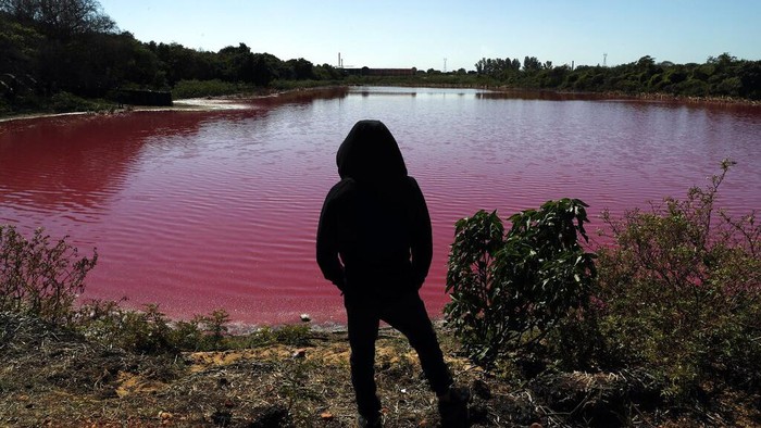 Penampakan Laguna di Paraguay yang Berubah Warna Karena Limbah Warna air di Laguna Cerro, Paraguay, berubah menjadi ungu. Perubahan warna itu diketahui terjadi karena limbah yang mencemari laguna tersebut.