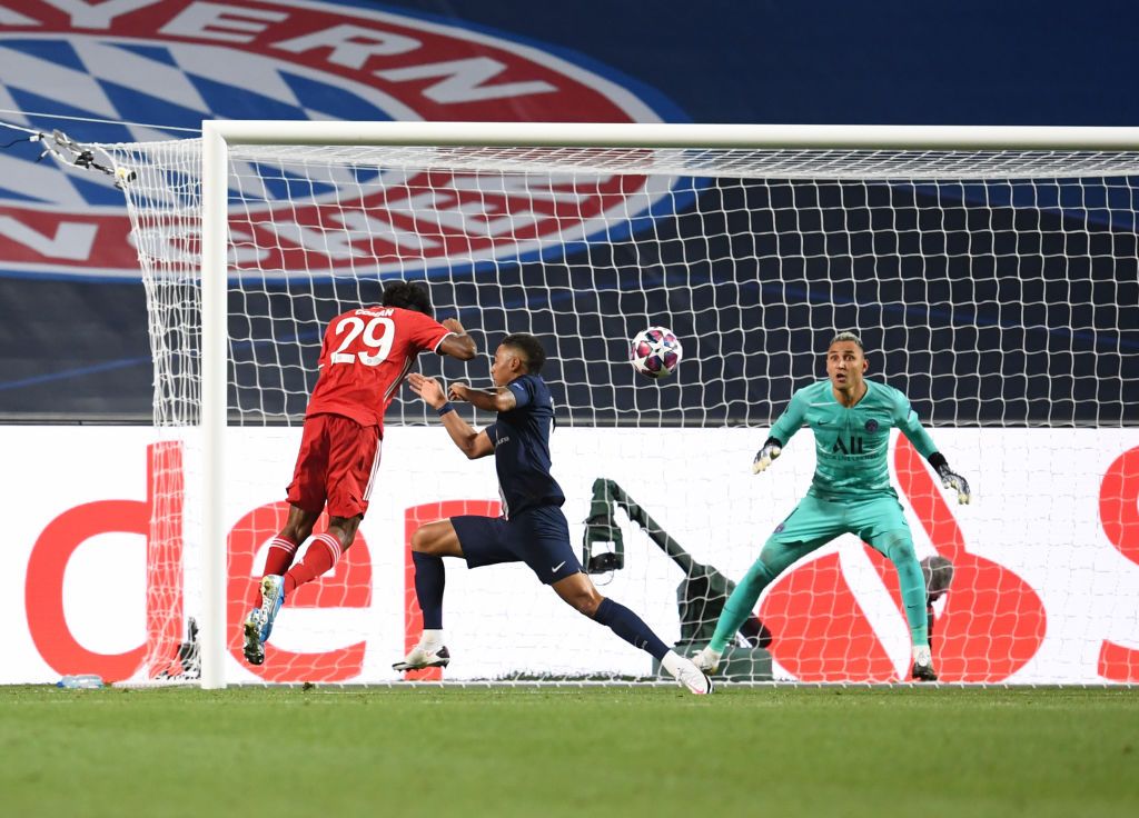 PSG Vs Bayern Munich LISBON, PORTUGAL - AUGUST 23: Kingsley Coman of FC Bayern Munich scores his team's first goal during the UEFA Champions League Final match between Paris Saint-Germain and Bayern Munich at Estadio do Sport Lisboa e Benfica on August 23, 2020 in Lisbon, Portugal. (Photo by David Ramos/Getty Images)