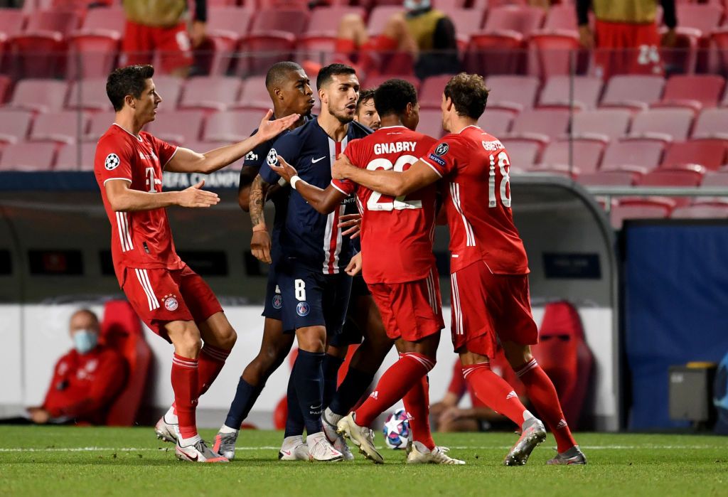 PSG Vs Bayern Munich LISBON, PORTUGAL - AUGUST 23: Kingsley Coman of FC Bayern Munich scores his team's first goal during the UEFA Champions League Final match between Paris Saint-Germain and Bayern Munich at Estadio do Sport Lisboa e Benfica on August 23, 2020 in Lisbon, Portugal. (Photo by David Ramos/Getty Images)