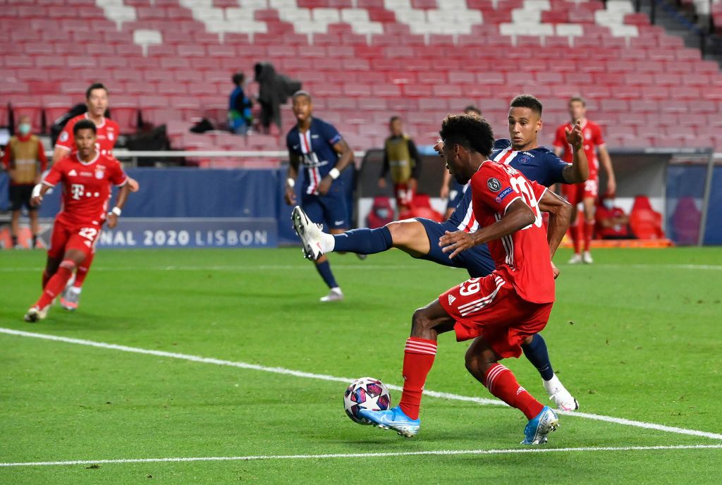 PSG Vs Bayern Munich LISBON, PORTUGAL - AUGUST 23: Kingsley Coman of FC Bayern Munich scores his team's first goal during the UEFA Champions League Final match between Paris Saint-Germain and Bayern Munich at Estadio do Sport Lisboa e Benfica on August 23, 2020 in Lisbon, Portugal. (Photo by Lluis Gene/Pool via Getty Images)