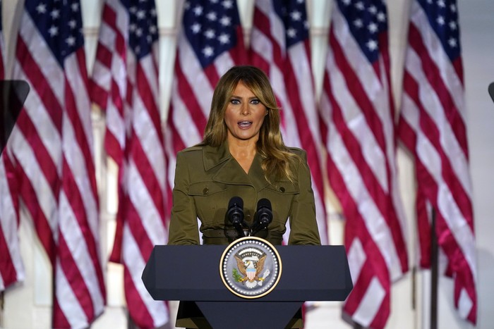 First lady Melania Trump arrives to speak on the second day of the Republican National Convention from the Rose Garden of the White House, Tuesday, Aug. 25, 2020, in Washington. (AP Photo/Evan Vucci)