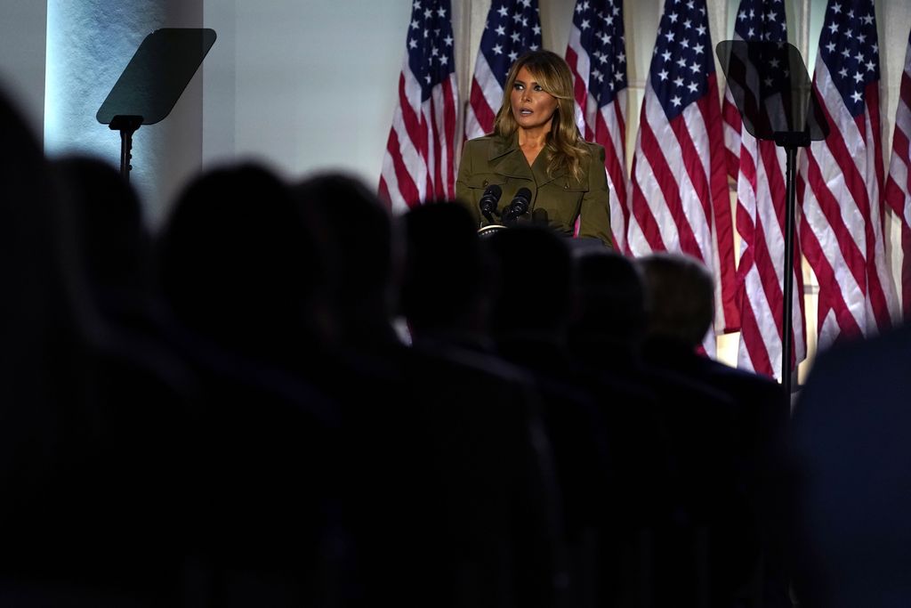 First lady Melania Trump arrives to speak on the second day of the Republican National Convention from the Rose Garden of the White House, Tuesday, Aug. 25, 2020, in Washington. (AP Photo/Evan Vucci)