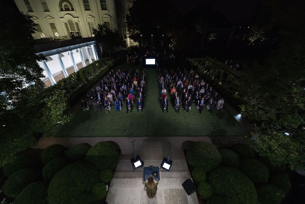 First lady Melania Trump arrives to speak on the second day of the Republican National Convention from the Rose Garden of the White House, Tuesday, Aug. 25, 2020, in Washington. (AP Photo/Evan Vucci)