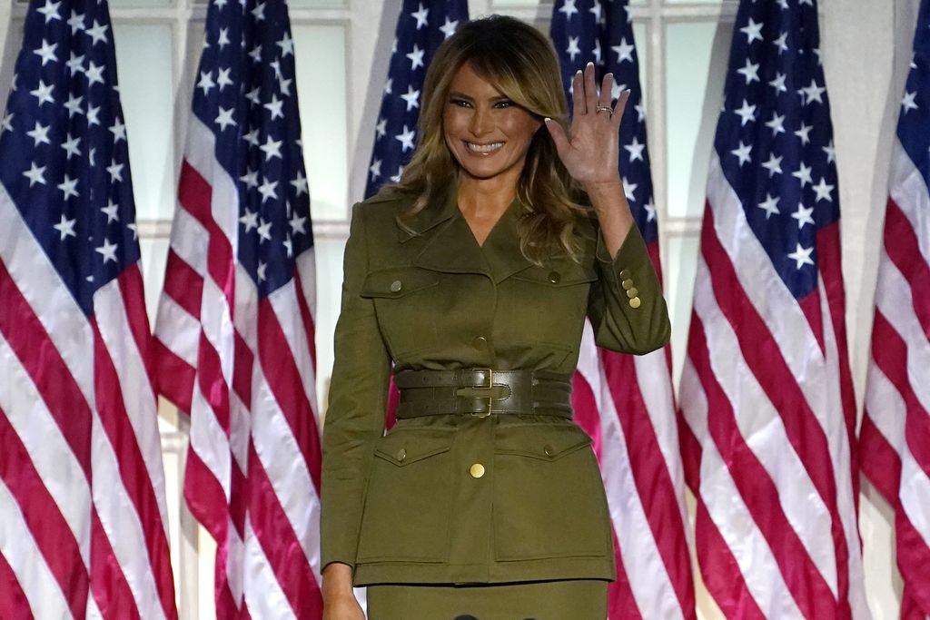 Melania Trump First lady Melania Trump arrives to speak on the second night of the Republican National Convention from the Rose Garden of the White House, Tuesday, Aug. 25, 2020, in Washington. (AP Photo/Evan Vucci)