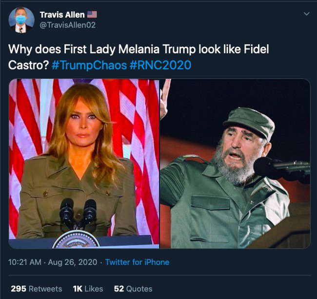 Ragam reaksi bermunculan di media sosial. Banyak yang memuji, tapi tak sedikit pula yang mencibir. Beredar berbagai meme yang menyamakan gaya military chic Melania dengan penampilan tentara dan tokoh-tokoh komunis seperti Pemimpin Kuba Fidel Castro. (Foto: Twitter)