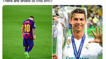 Netizen fans Ronaldo ini bilang Ronaldo pergi dari Madrid dalam kegemilangan sementara Messi pergi setelah kekalahan telak. Foto: Twitter