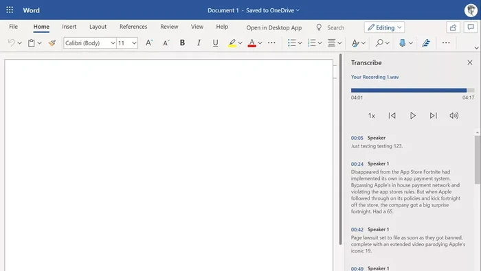 microsoft word transkrip