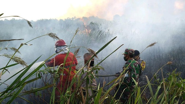 Petugas gabungan terlibat pemadaman lahan terbakar di dekat tol Palembang-Indralaya (Palindra) di daerah Ogan Ilir, Sumsel (dok Istimewa)