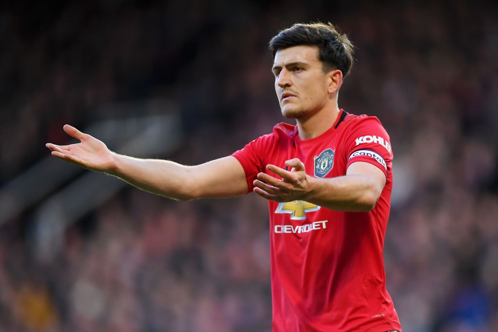 MANCHESTER, ENGLAND - MARCH 08: Harry Maguire of Manchester United reacts during the Premier League match between Manchester United and Manchester City at Old Trafford on March 08, 2020 in Manchester, United Kingdom. (Photo by Laurence Griffiths/Getty Images)