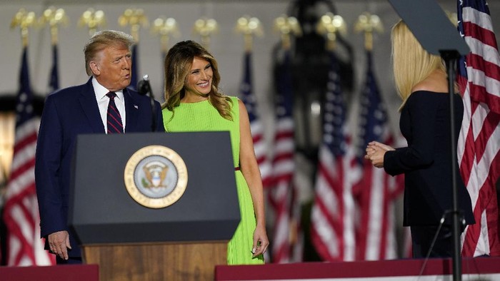 Ivanka Trump speaks to introduce President Donald Trump from the South Lawn of the White House on the fourth day of the Republican National Convention, Thursday, Aug. 27, 2020, in Washington. (Doug Mills/The New York Times via AP, Pool)