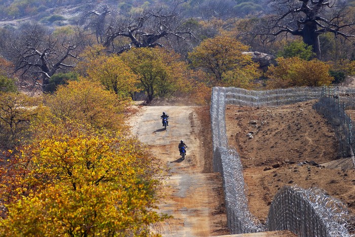 Perbatasan Afrika Selatan-Zimbabwe South Africa National Defense Forces patrol on motorcycles along the newly built fence on the South Africa-Zimbabwe border near the border town of Musina, South Africa, Tuesday June 30, 2020. South Africa built a $2 million fence to deter illegal crossings but it hasn't stopped smugglers.Illegal trade is one of the few businesses to flourish since South Africa imposed sweeping measures at the end of March to try to combat the new coronavirus. (AP Photo/Jerome Delay)